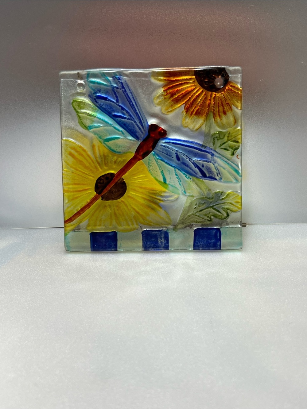 Blue Dragonfly & Sunflower Glass Art Tile - Handcrafted Home Art